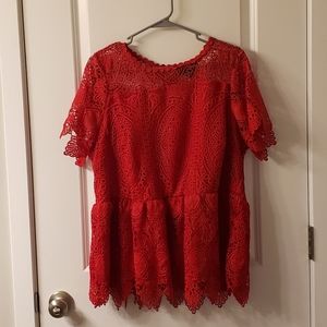 Red Lace Scalloped Peplum Top